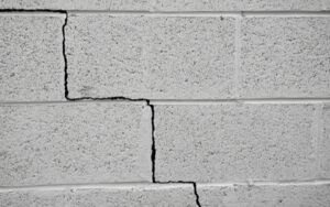 A crack in a building wall caused by an earthquake